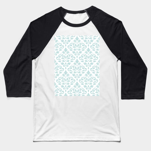 Scroll Damask Pattern Duck Egg Blue on White Baseball T-Shirt by NataliePaskell